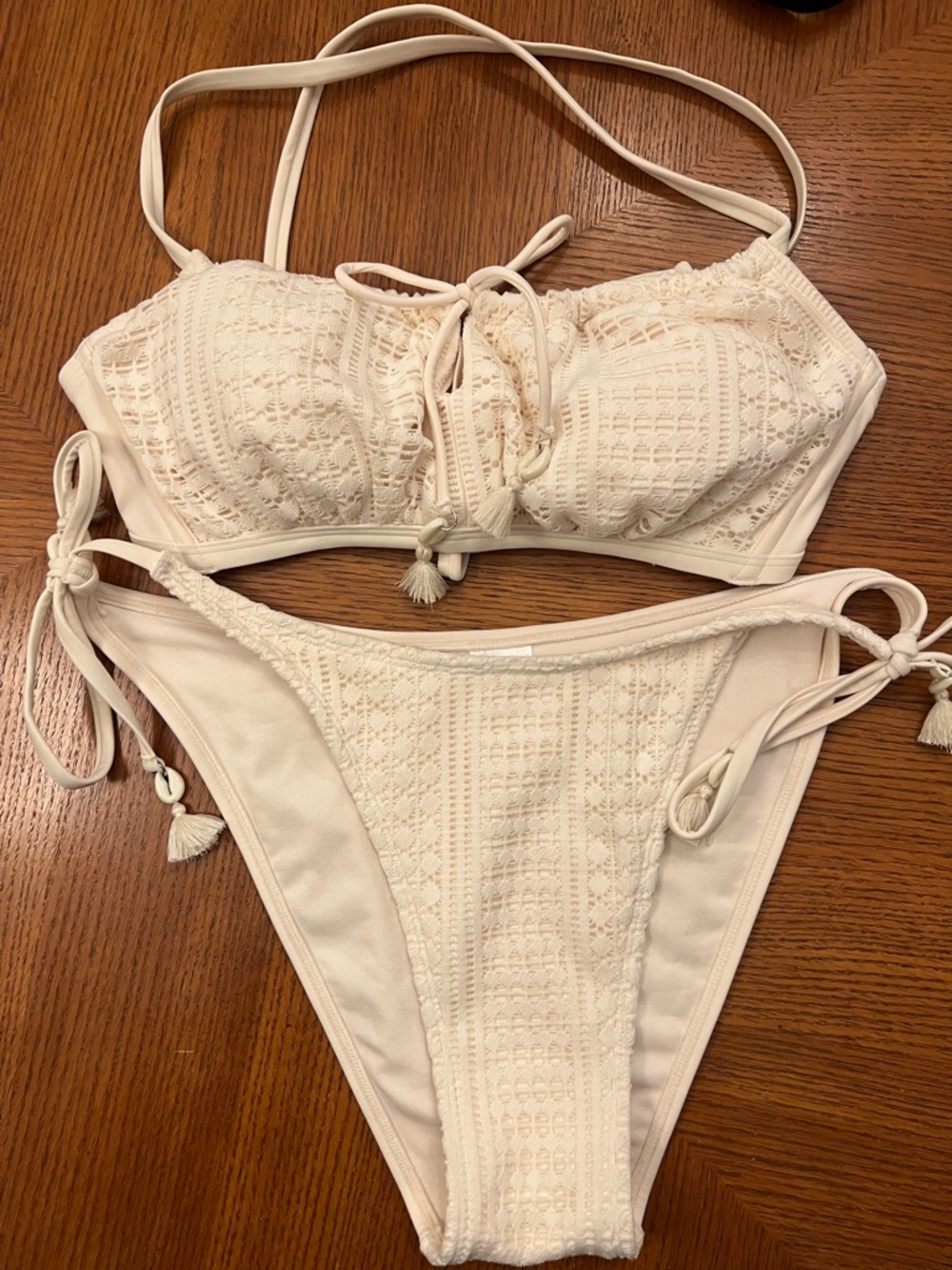 Cream Crochet Bikini Set with Tassel Ties XL / D DD. b19